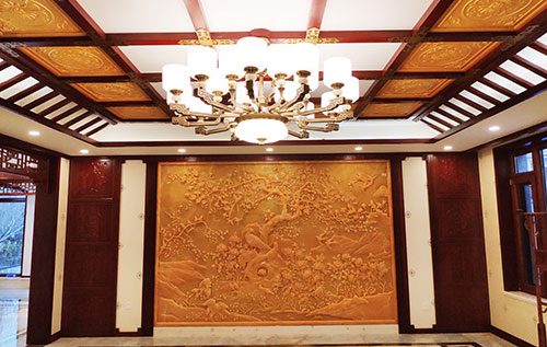 龙门镇中式别墅客厅中式木作横梁吊顶装饰展示
