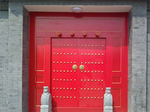 龙门镇中国传统四合院系列朱红色中式木制大门木作